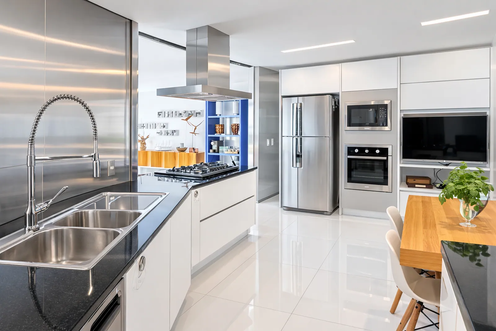 Cocina en acero y blanco, con isla y placa