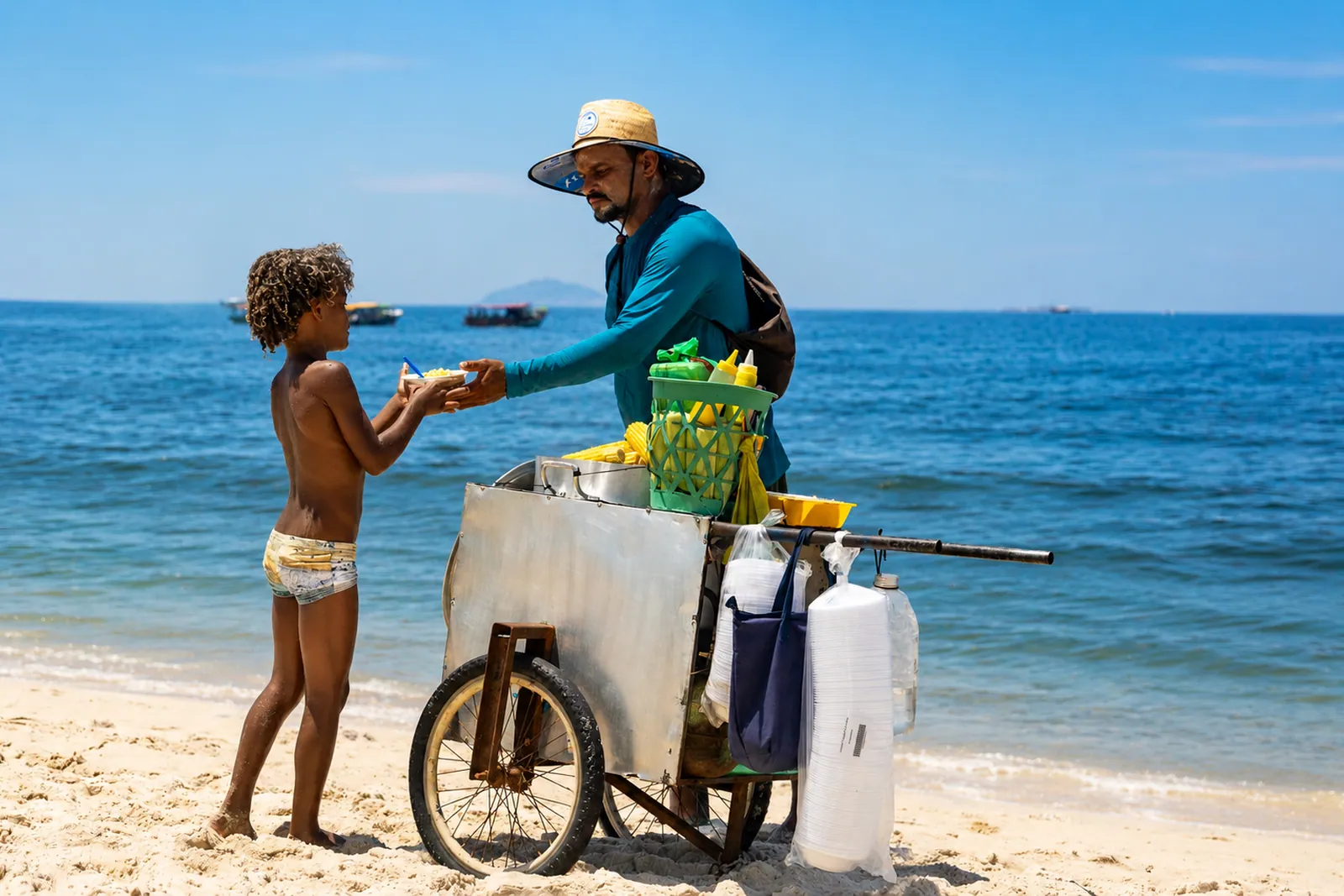 Un vendedor de playa y un niño a la orilla del agua
