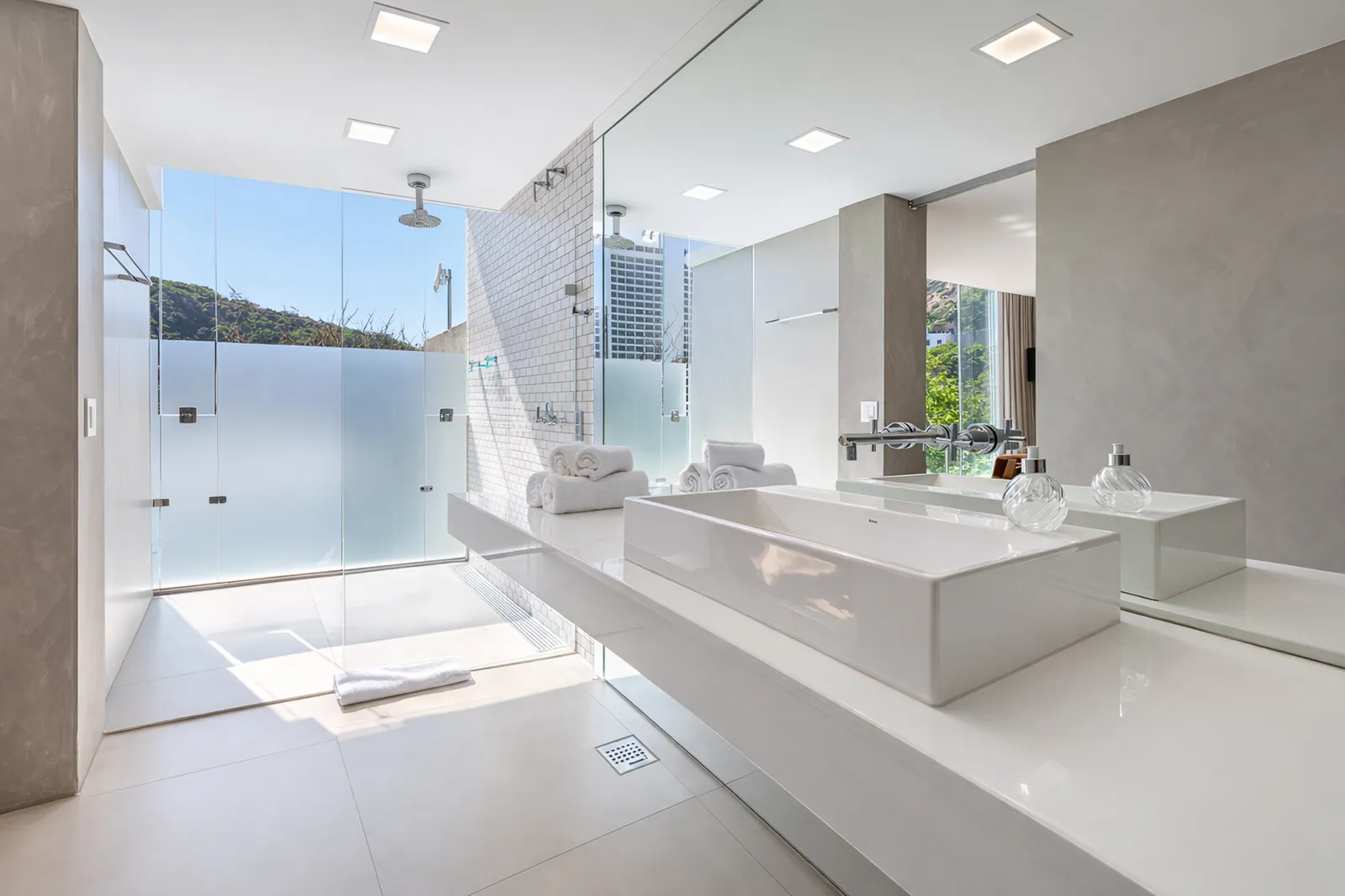 Encimera de dos lavabos bajo un espejo de pared completa, vista por el cristal